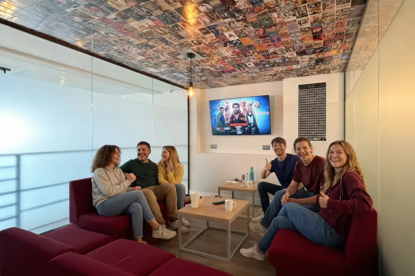 Friends watching a film in the TV lounge