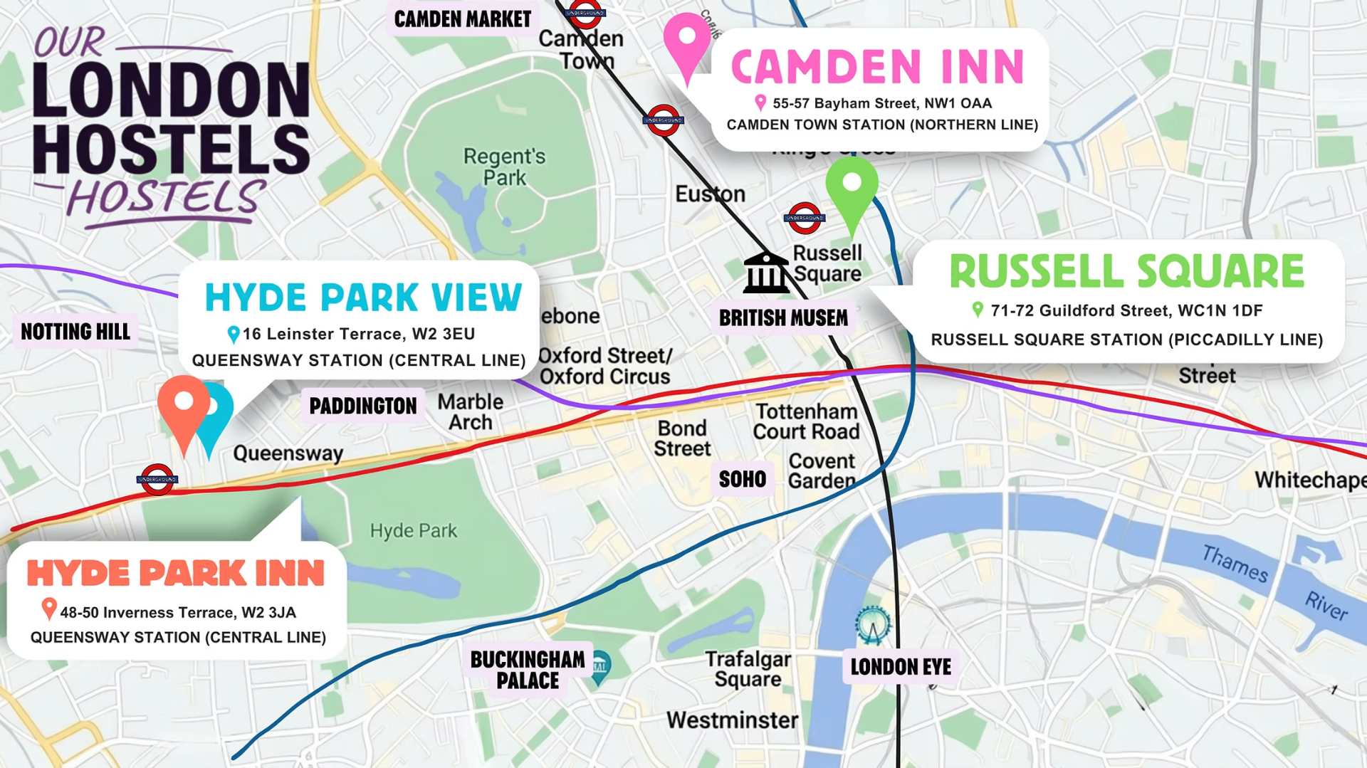 Map of London showing all four Smart Hostels locations: Camden Inn, Russell Square, Hyde Park View and Hyde Park Inn