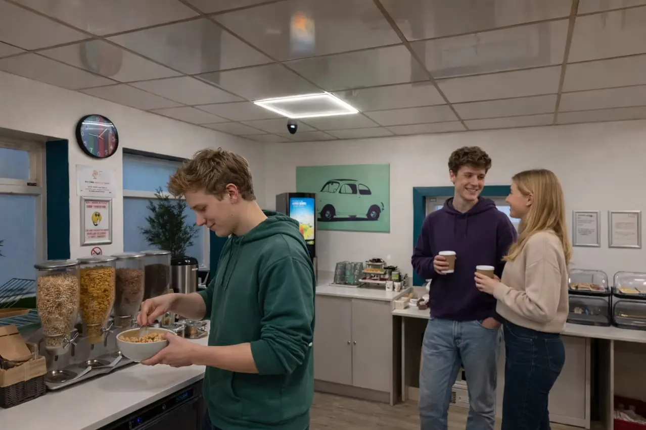 Self-serve breakfast bar with cereals and coffee